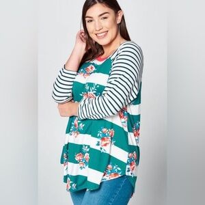 New!Plus Size Floral Striped 3/4 Sleeves Top Curved Hem Detail Sizes 1X …